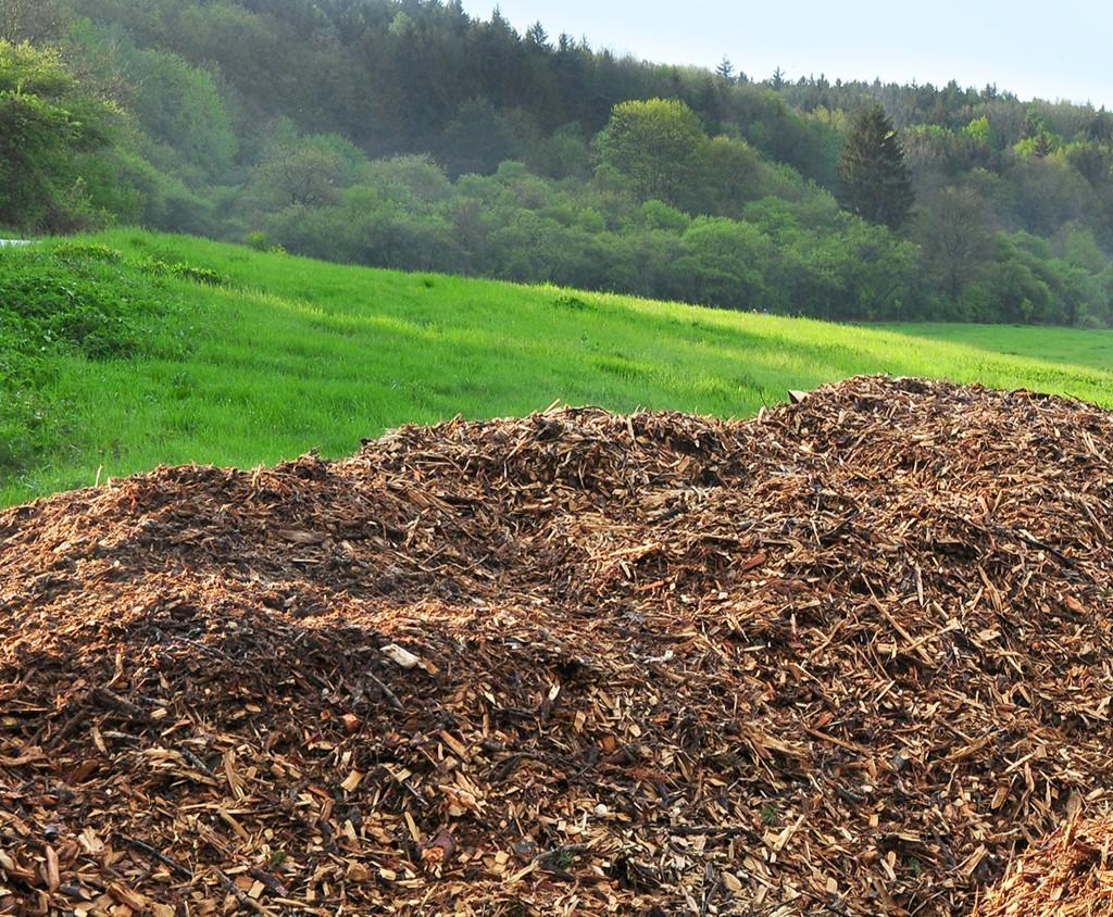 Kuvassa uusiutuvaa energiaa, metsäteollisuuden sivuvirtoja, hakekasan muodossa. Taustalla kesäisen vihreää niitty- ja metsämaisemaa.